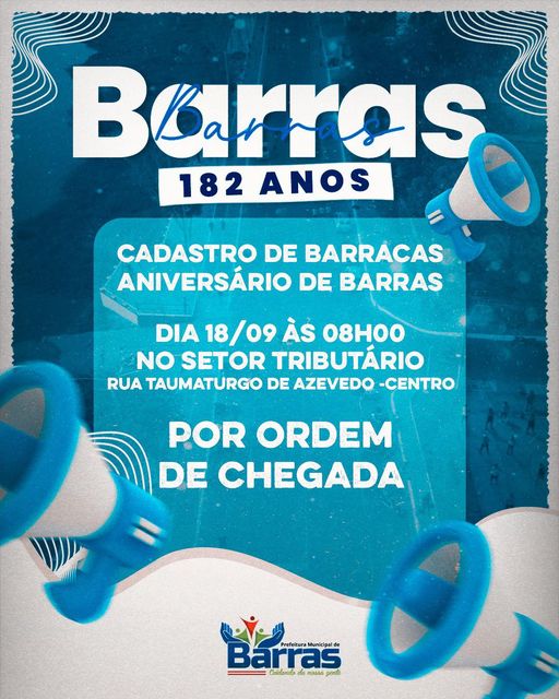 Prefeitura de Barras já vai cadastrar barracas para o aniversário da cidade.