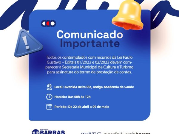Prefeitura de Barras convoca contemplados com recursos da Lei Paulo Gustavo